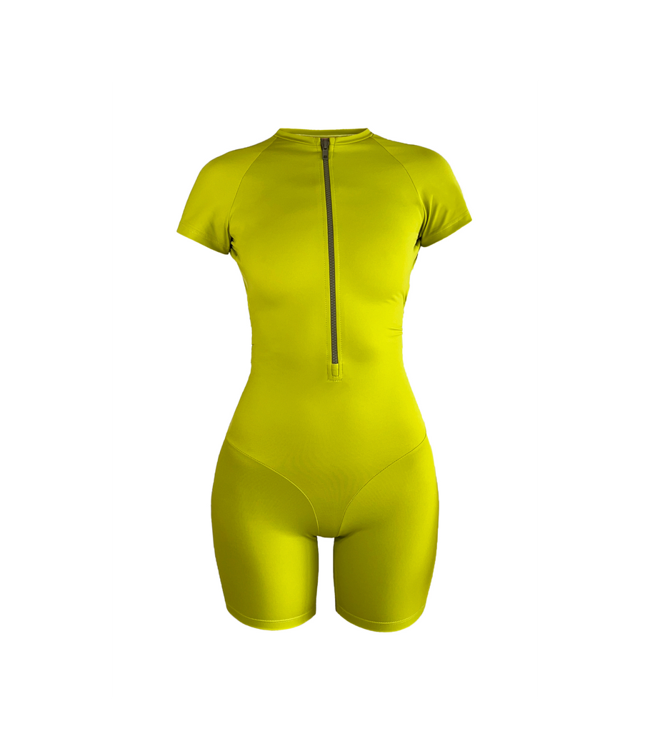 Women's sporty zippered romper in green. Buy now with delivery in Bali 