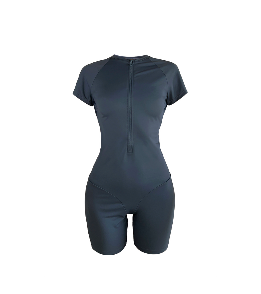 Women's sporty zippered romper in dark gray. Buy now with delivery in Bali.